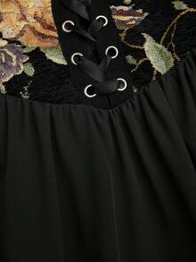 Sweetra 方领镂空长袖提花优雅中世纪复古公主宫廷镂空系带可爱派对A字长裙，适合大码女性 - 黑色 - 查看 7