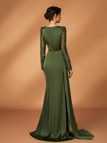 Serin 亮片拼接羊腿袖褶裥设计拼接缎带优雅新娘母亲礼服 - 墨綠色 - 查看 4
