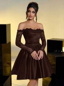 Lovelzi 优雅奢华黑色露肩薄纱蕾丝拼接缎面长裙，适合婚礼、派对、度假、舞会、短款正式礼服（装饰繁复）、情人节等场合。 - 咖啡棕 - 查看 7