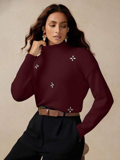 Florisole Elegant Knit Diamond Decor Loose Bohemian Solid Color Sweater For Women, Autumn/Winter