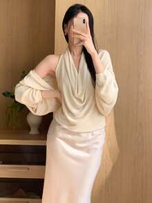 DAZY Sexy Plunging Neck Spaghetti Strap Camisole Top & Loose Cardigan 2 Pieces Set For Women - Apricot - View 4