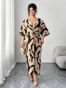Elenzga Plus Size Women Allover Print V-Neck Batwing Sleeve Twist Waist Elegant Dress