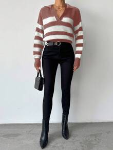 EURMUSE Striped Pattern Drop Shoulder Sweater - Rusty Rose - View 4