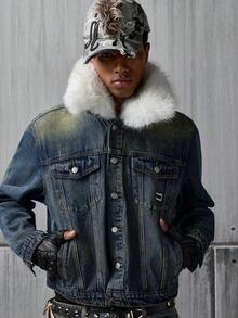 NEON BLANC Men's Casual Warm Fleece Collar Denim Tops, Autumn/Winter - Blue - View 7