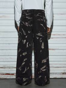 Modcrash 1pc Men Retro American High Street Zebra Striped Washed Wide Leg Jeans, Comfortable Casual Loose Denim Pants, Grunge