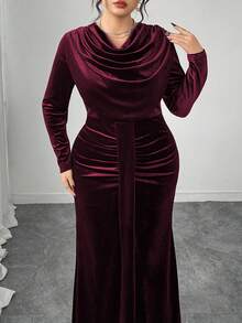 Modelyn Elegant Velvet Draped Neck Long Sleeve Fitted Regular Plus Size Dress, Spring/Autumn - Burgundy - View 1