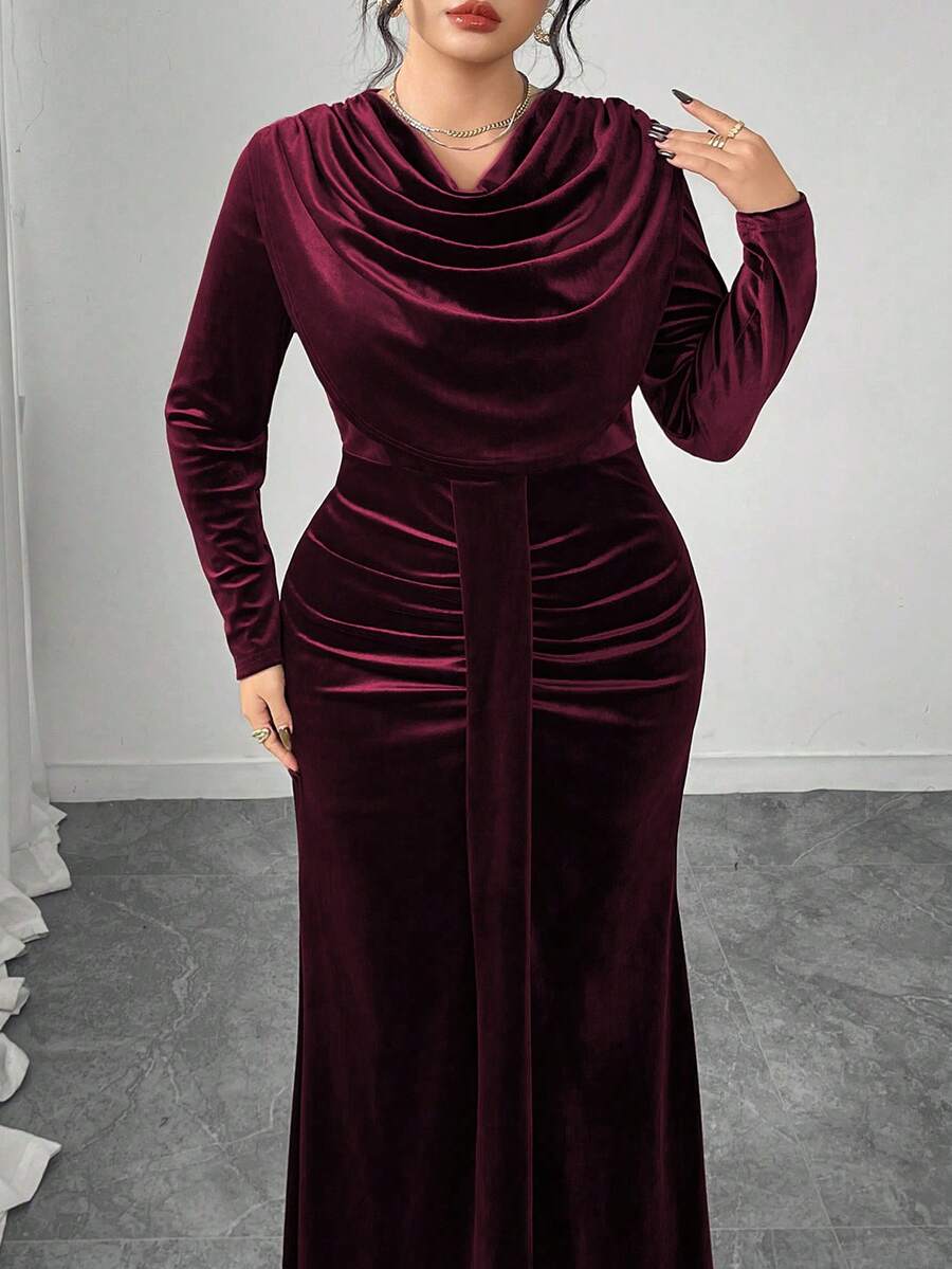 Modelyn Elegant Velvet Draped Neck Long Sleeve Fitted Regular Plus Size Dress, Spring/Autumn - Burgundy - View 1