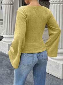 Elenzga 标准尺码女士宽松印花针织上衣，宽领口，落肩喇叭袖设计，秋冬季 - 淡黃色 - 查看 2