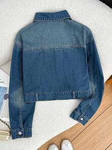 SHEIN 少女时尚休闲 Y2K 复古酷炫街头返校学院风心形前袋短袖蓝色牛仔外套，适合少女日常穿着，柔软舒适，也适合少女秋冬季派对、音乐节和街头服饰。