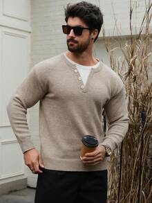 DAZY Sweater Pria Tebal dengan Kerah Patchwork Warna Cokelat, Musim Gugur/Dingin - Unta - View 6