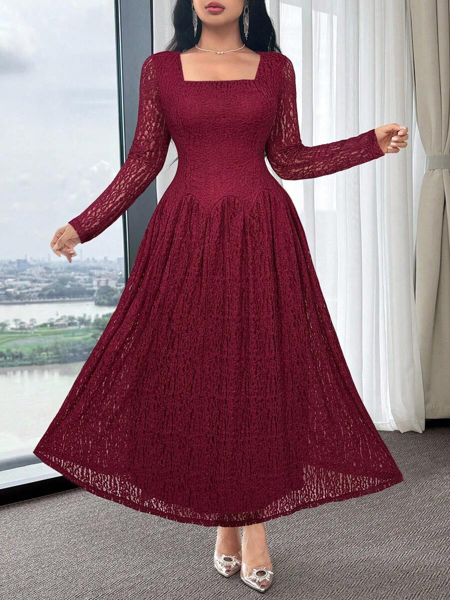 Feyla Women's Elegant Solid Color Square Neck Textured Dress, Autumn - Burgundy - View 1