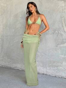 Aloruh Bộ bikini 3 mảnh dành cho nữ, gợi cảm, thanh lịch, lãng mạn, màu xanh ô liu với họa tiết kim loại, áo hở vai cúp tam giác mini, quần lọt khe mini và khăn choàng dài, bộ bikini đi nghỉ dưỡng/bãi biển dành cho nữ - Màu xanh Ô liu - Xem 4