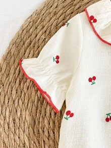 Baby Girls Pajamas-2 Piece Pajama Set Spring To Summer Cherry Print Peter Pan Collar Short Sleeve Top Long Pants Ruffle Trim Red Edge All Season Sleepwear Holiday 2026 Must Have Gift Outfit Playdate Home Lounge Elegant Cute - Multicolor - View 6