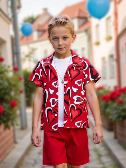 2pcs/Set Boys Heart Print Shirt & Shorts Set, Suitable For Valentine's Day Party And Other Occasions