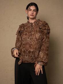 Freevana Blusa de manga farol con cuello de lazo, volantes y estampado floral de anacardo para mujer de talla grande, en color marrón, estilo bohemio, ropa de mujer de estilo campestre con estampado de paisley