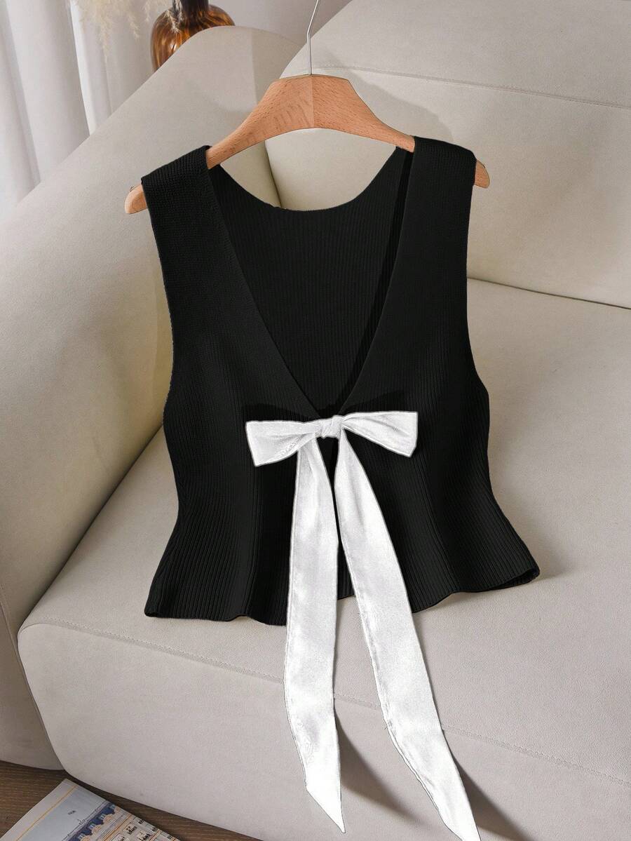 CosyJoli Plus Size Swobodny Odkryty Plecy Muszka Kontrastowy Kolor Rozcięcie Sweter Kamizelka Wiązany z Przodu Top Elegancki Top Kamizelka z Dekoltem w Serek Kokarda Top Elegancki Top Eleganckie Topy Top Bez Rękawów Top Dzianinowy z Dekoltem w Serek Jesień/Zima - Czarne - Zobacz 1