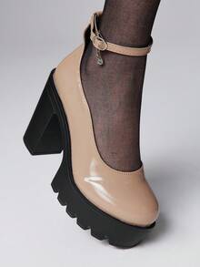 ROMWE Goth 女士闭趾朋克哥特玛丽珍鞋，粗带扣，厚底，JK制服款，防水，工作高跟鞋 - 卡其色 - 查看 3