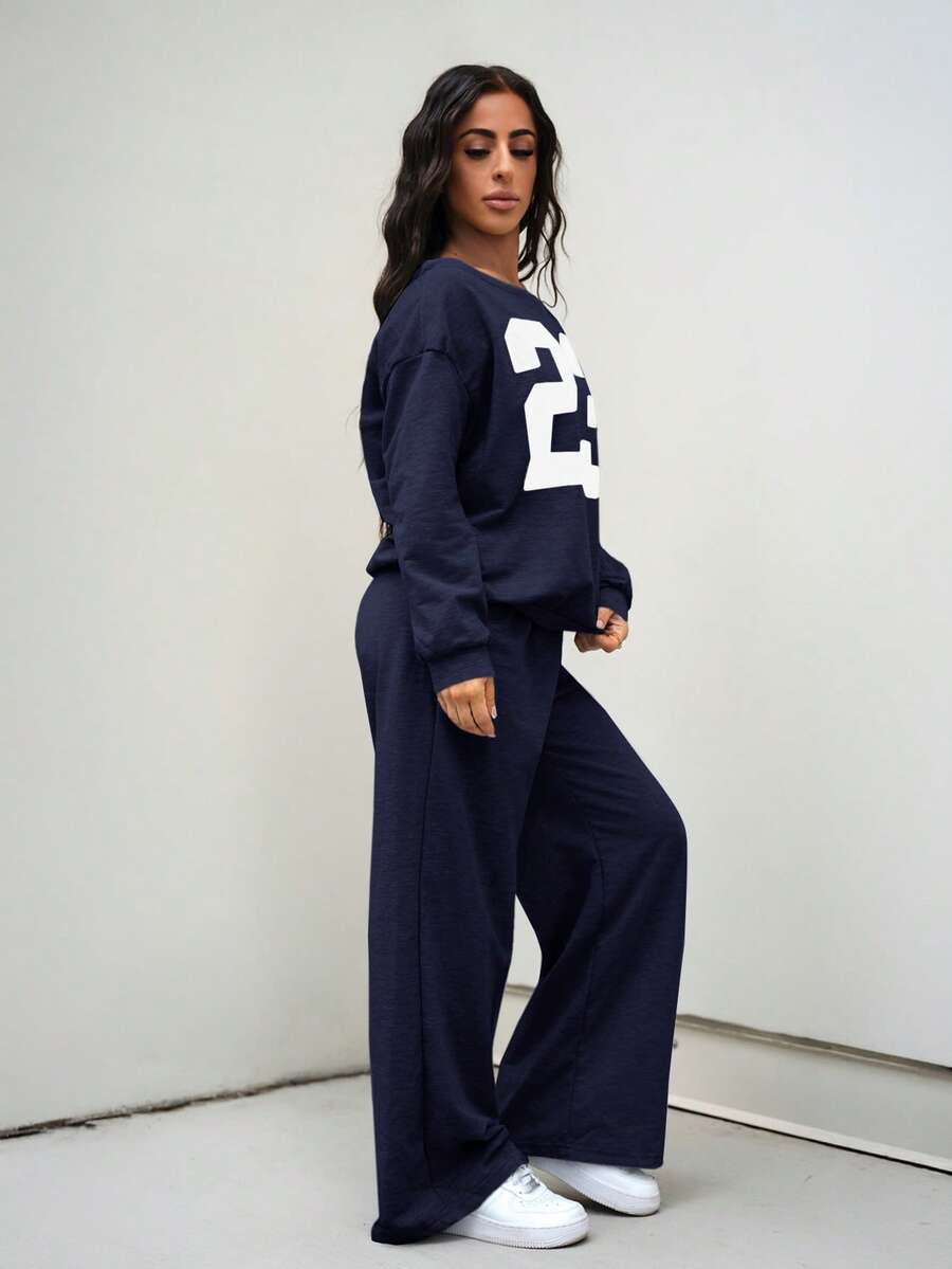 SAYEHFBABY Conjunto de 2 piezas/Set de top de manga larga con estampado numérico casual y pantalones largos Y2k para mujeres petite - Azul Marino - Ver 1