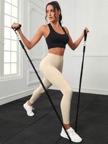 Easithlete Solid Color High Waist Fitted Casual Fitness Seamless Leggings - Beige - View 5
