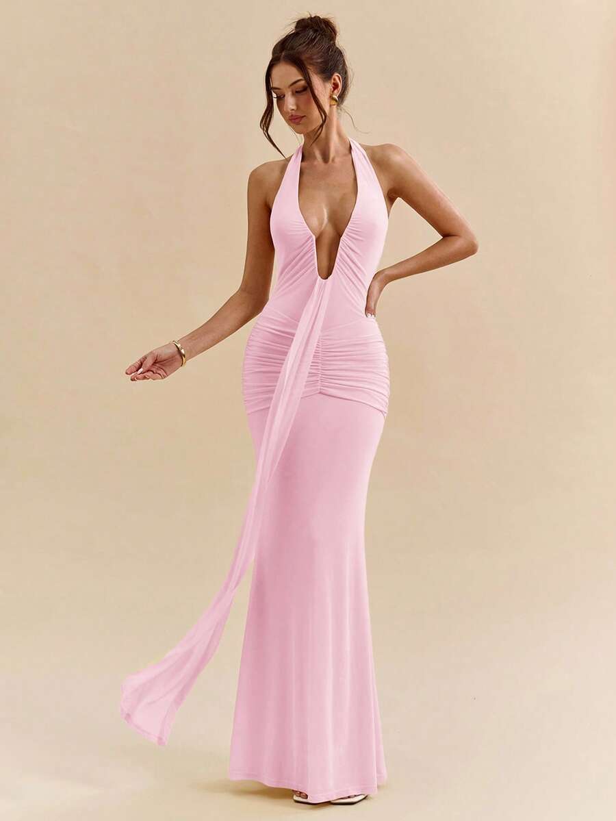 SHEIN BAE 黄色奶油色性感深V领优雅吊带长裙，适合春夏穿着 - 珊瑚粉 - 查看 1