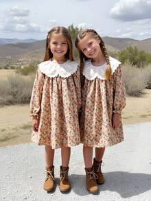 SHEIN Genkimix Kids 女童碎花宽松长袖连衣裙，弹性袖口，领口饰有花朵，前襟纽扣开合，休闲时尚，适合上学、通勤和秋季穿着。 - 棕色 - 查看 1