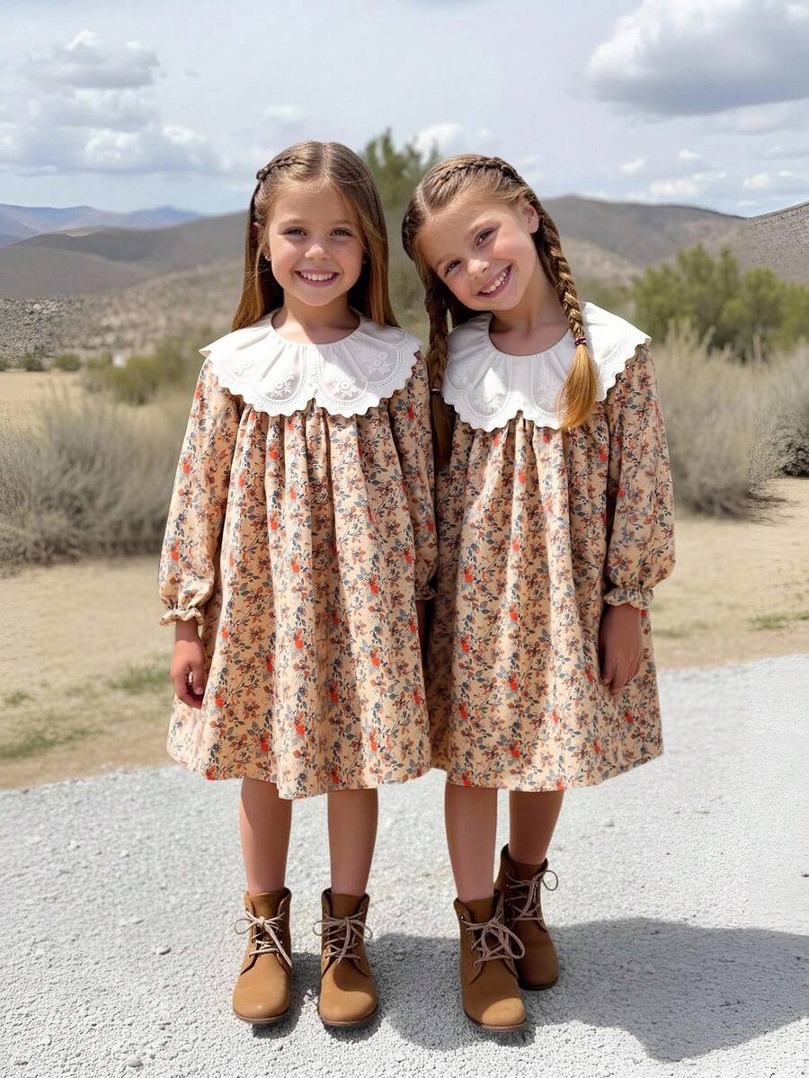 SHEIN Genkimix Kids 女童碎花宽松长袖连衣裙,弹性袖口,领口饰有花朵,前襟纽扣开合,休闲时尚,适合上学、通勤和秋季穿着。 - 棕色 - 查看 1