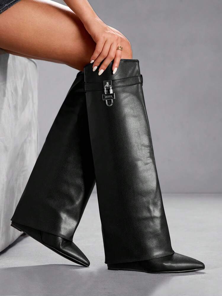 CUCCOO SZL Women's Pointed Toe Buckle Decor Tall Boots