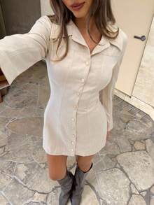 Siren Gaze New Autumn/Winter Apricot Mini Shirt Dress For Women, Fitted Waist And A-Line Silhouette, Stylish And Fashionable For Work, Elegant Dress, Nude Dress, Autumn/Winter Women's Clothing. Beige Dresses Women Button Up Dress Casual - Apricot - View 11