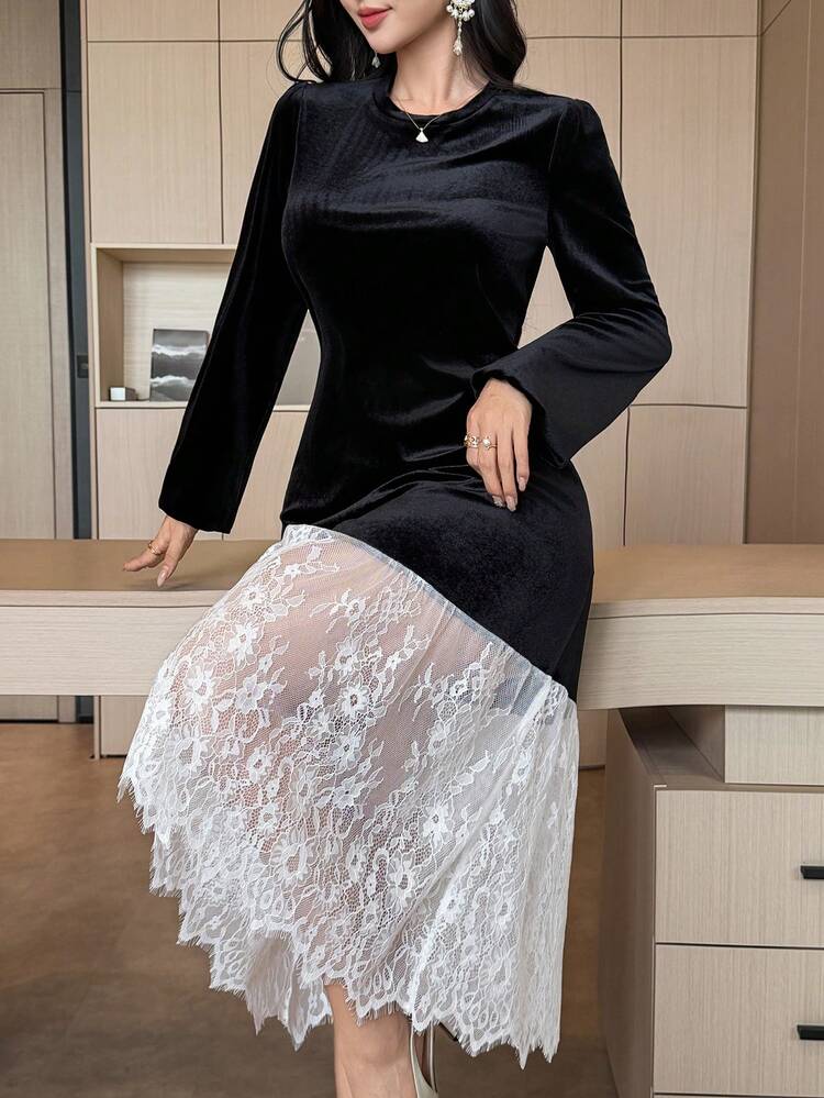 Women's Elegant Commuter Color Block Lace Patchwork Dress