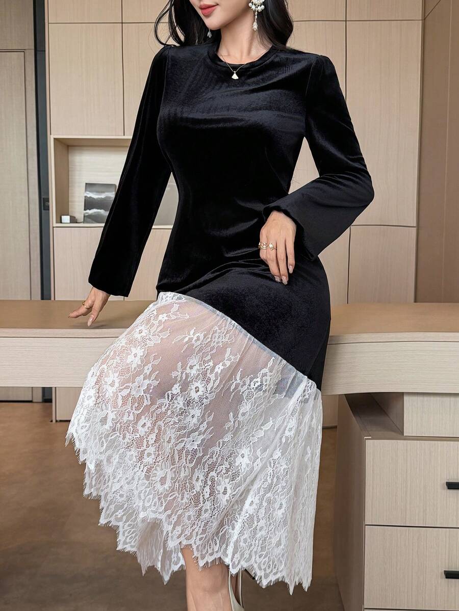 DAZY Women's Elegant Commuter Color Block Lace Patchwork Dress - Black and White - View 1