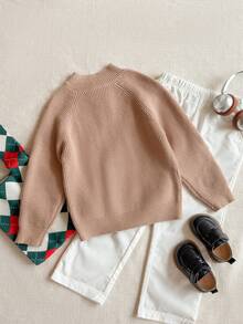 PrepCrw 男童学院风半拉链立领长袖毛衣 - 卡其色 - 查看 3