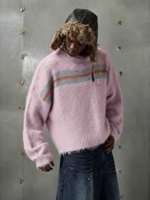 NEON BLANC Brand - New Men's Pullover Sweater - Mixed Yarn Striped - High-End Fashion Loose Casual - Pink - View 2
