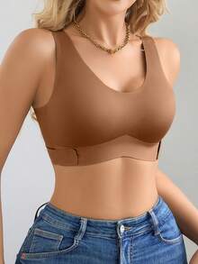 1pc Women Seamless No Padding Elegant Breathable Comfortable Crisscross Back Bandeau Bra - Chocolate Brown - View 6