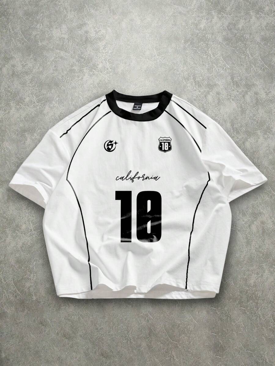 Manfinity ZONE917 Loose Retro American Style Striped Collar Contrast Color Short Sleeve T-Shirt (High Quality) Number Jersey Football Shirt - White - View 1