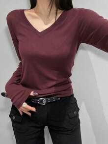 DAZY V-Neck Long Sleeve T-Shirt, Versatile Base Layer Top For Women, Autumn/Winter - Burgundy - View 1