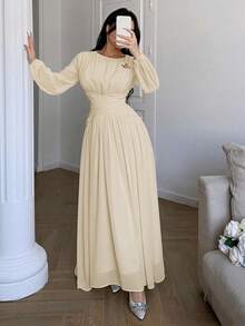 Modelyn Women's Elegant Solid Color Cinched Waist Dress, Suitable For Parties - Apricot - View 6