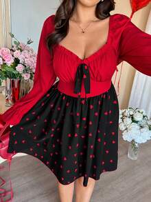 Vionelle 春秋/秋冬新款优雅度假设计文胸罩杯系带蝴蝶结心形印花灯笼袖长袖连衣裙收腰A字短款浪漫连衣裙 - 彩色 - 查看 5