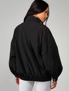 MISSGUIDED Glänsande vindjacka för kvinnor, dragkedja fram, höftlång jacka, elastiska muddar, höstvinterytterkläder - Svart - Visa 2