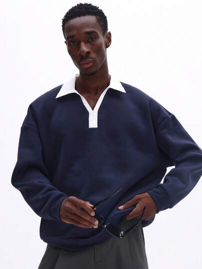 SUMWON Sudadera tipo polo clásica de color azul marino con cuello y detalles de ribete en contraste blanco, estilo rugby de manga larga, lisa