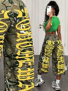 BamGleam 休闲迷彩字母印花阔腿女式牛仔裤 - 彩色 - 查看 1