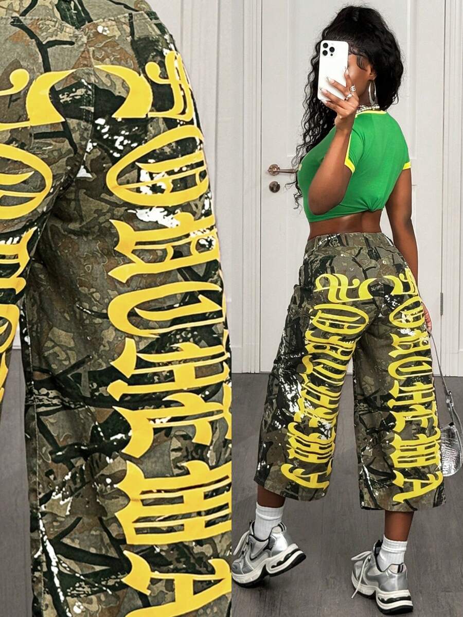 BamGleam 休闲迷彩字母印花阔腿女式牛仔裤 - 彩色 - 查看 1