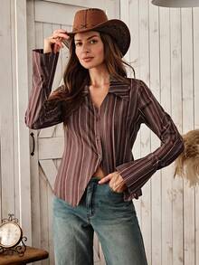 Wildy Áo sơ mi dài tay cơ bản họa tiết sọc đồng quê dành cho nữ, mặc hàng ngày - Cà phê nâu - Xem 4