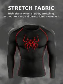 Manfinity Sport Corelite Camiseta deportiva de compresión de manga larga con cuello redondo y estampado de araña para hombres - Negro - Ver 3