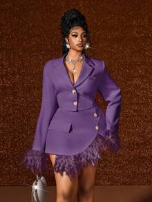 Maweii 2pcs/Set Fashionable Pink Patchwork Faux Fur Blazer Jacket And Mini Skirt Suit - Purple - View 4