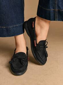 Rosivie Women's Lace-Up Beaded Flat Casual Shoes For Christmas - Black - View 4