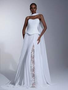 Elitara 优雅奢华蕾丝拼接弹力针织雪纺褶皱性感无肩带高开衩长裙，配有挂脖和垂坠亮片，适合婚礼、派对、蜜月、舞会等场合。 - 米色 - 查看 7