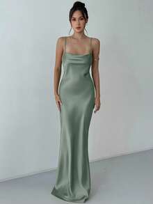 Aloruh 女士纯色深V领露背修身性感时尚吊带连衣裙 - 薄荷藍 - 查看 9