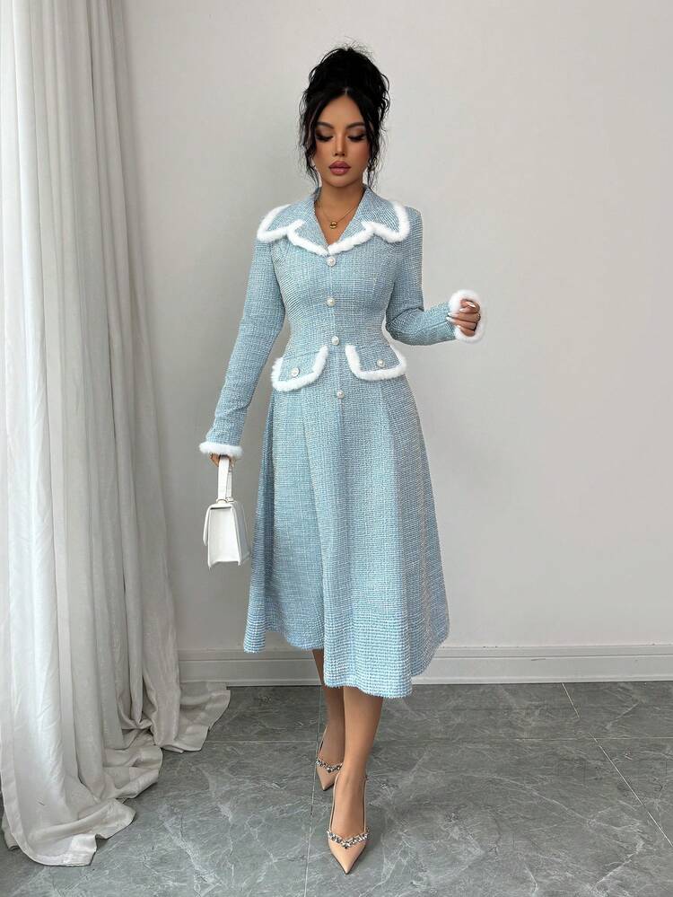 【ANLEM】FRENCH RETRO COMMUTER DRESS Selianne Women's French Retro Style Dress,Blue And White Color