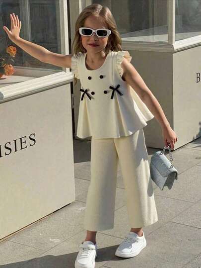 Elladie kids 2pcs/Set Young Girls Apricot Round Neck Flutter Sleeve Top With 3D Black Bow Decor And Apricot Straight Leg Pants, Elegant & Cute Style, Suitable For Daily Wear, Spring Outings, Spring/Autumn Kids Two Piece Set Summer Two Piece Set For Girls Runway Outfits For Girls