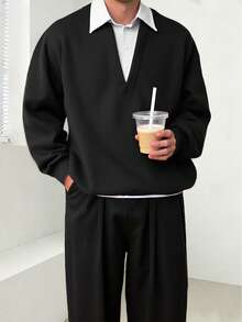 Manfinity Dauomo Casual Fashion Men's Patchwork Shirt Collar Long Sleeve Sweatshirt And Loose Pants Set - Black - View 2